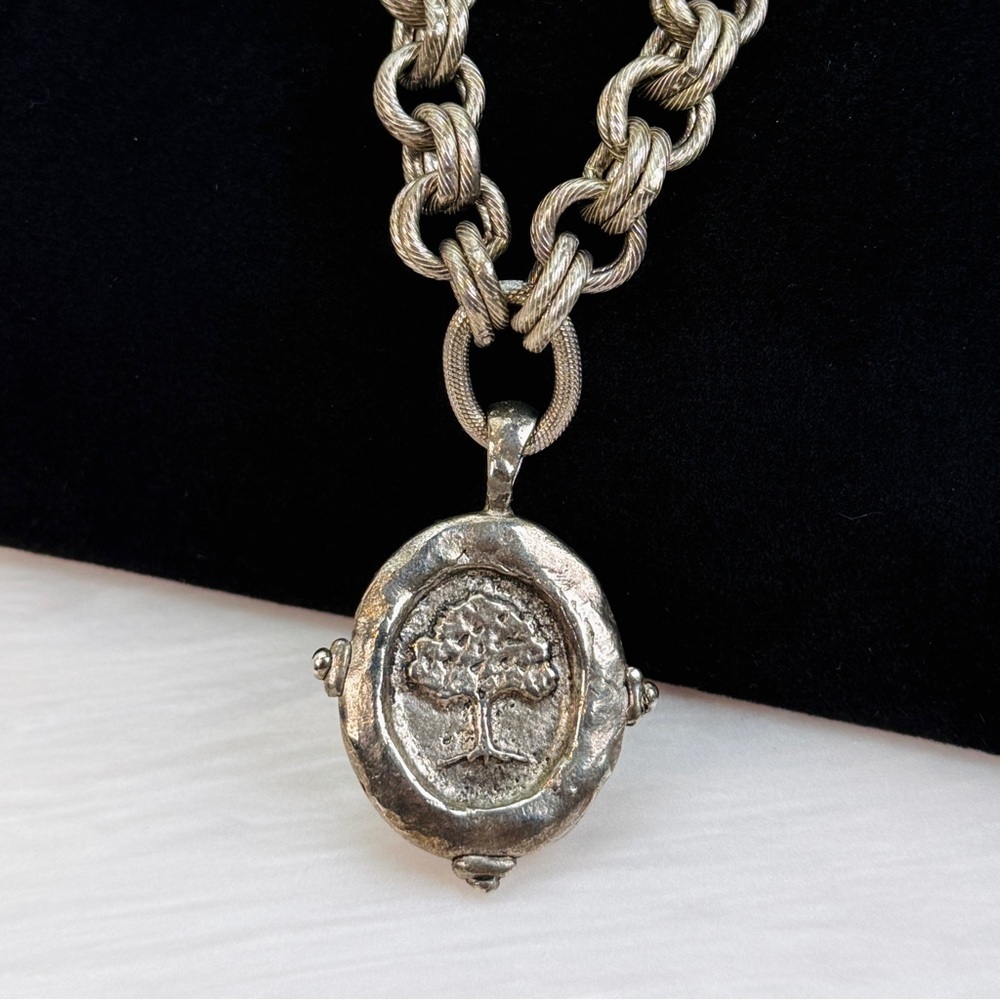 Vintage aged weighted, chunky, silvertone chain tree pendant, signed SS